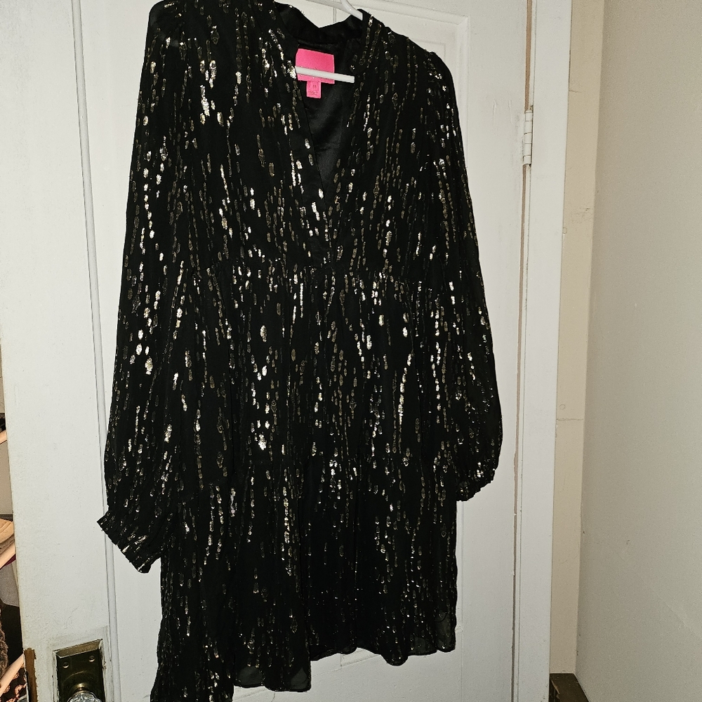 LILLY PULITZER pre-owned Winona Silk Dress Onyx with gold Metallic Medium
